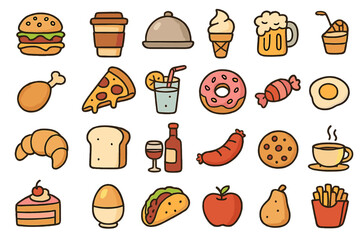 Food and drink doodle icon set. Vector cartoon illustration collection. Fast food, restaurant menu elements. Burger, pizza, coffee, beer, dessert, fruit symbols for graphic design.