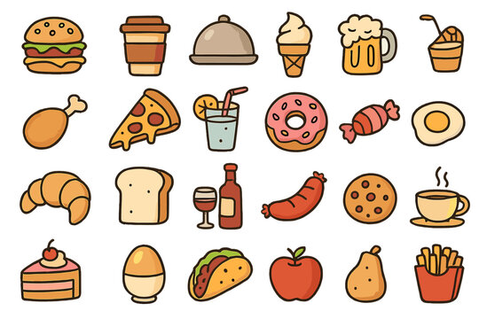 Food and drink doodle icon set. Vector cartoon illustration collection. Fast food, restaurant menu elements. Burger, pizza, coffee, beer, dessert, fruit symbols for graphic design.