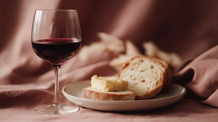 A single glass of red wine and slices of rustic bread on a porcelain plate with soft pink background and natural daylight