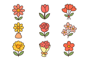 Colorful Flower Icons Set for Greeting Cards, Stickers, Labels, Mothers Day and Women's Day Celebration, Vector Illustration with Transparent Background, Decorative Floral Designs