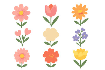Colorful flowers icons set for greeting cards, stickers, labels, Mother's Day and Women's Day celebrations, vector illustration with transparent background, ordered floral collection