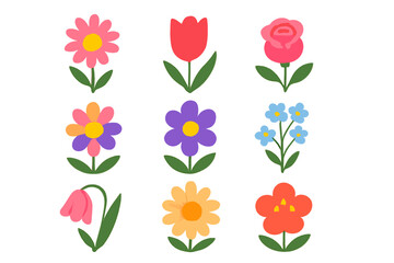 Colorful Flower Icons Set for Greeting Cards and Stickers, Mother's Day and Women's Day Floral Vector Illustration, Transparent Background, Decorative Spring Blooms Collection