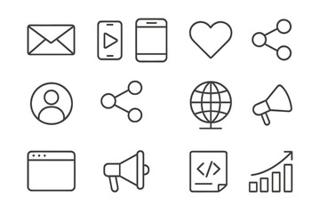 Social media and SEO web icons in line style set with digital communication, social networks, technology, contact symbols, website marketing vector illustration transparent background