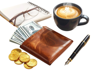  Leather Wallet with Cash and Coins Surrounded by Office Essentials