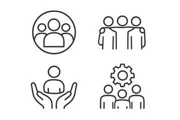 Teamwork and collaboration icons set in line style, people support concept, business group illustration, partnership, unity, community, transparent background vector