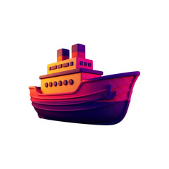 A colorful 3d render of a toy boat with a gradient of pink, purple, and yellow isolated on transparent background