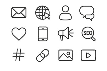 Social media marketing and SEO icon set. Line art web icons for digital business. Contact, networks, technology, website symbols. Vector pack. Like, share, comment, video.