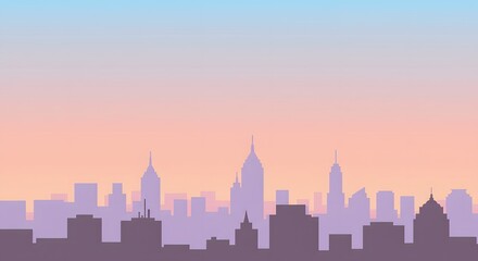 Fototapeta premium Silhouette of a city skyline at dusk with a gradient sky, buildings in the foreground.