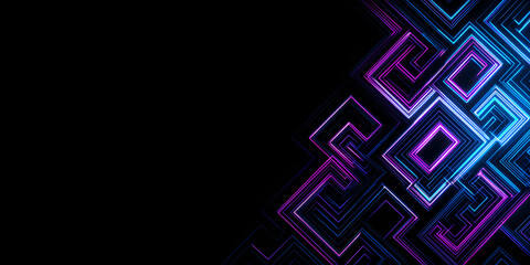 Futuristic neon abstract geometric shapes in purple and blue on black background
