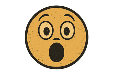 Fototapeta premium Vintage retro surprised smiley face. Vector emoticon in shock with grunge texture. Amazed emoji icon illustration with open mouth and wide eyes. Astonished character.
