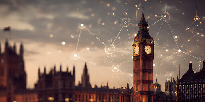 Big Ben with digital network connection overlay and glowing communication nodes
