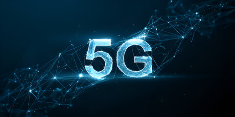 3D glowing 5G network technology symbol with blue particles and connected lines
