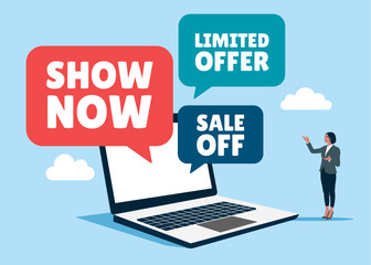Show now. Percent, off discount, sale on screen laptop. Bubbles with texts. Promotion price offer. Retail badge symbol. Sale speech bubble 3d message. Vector flat illustration