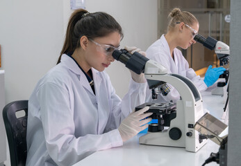Two scientists conduct research in a laboratory using microscopes during a bright day