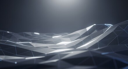 Abstract digital landscape with low-poly design, featuring geometric shapes and a futuristic aesthetic.