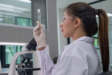Scientist examines test tube in a modern laboratory during a research study