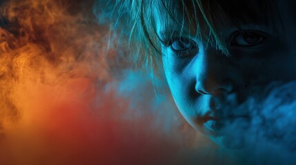 Fototapeta premium Scary child face in industrial smoke close up focus on copy space haunting vivid hues double exposure silhouette with pollution theme.