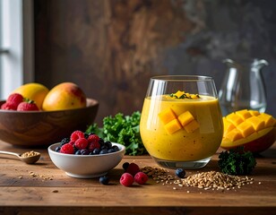 Vibrant mango smoothie with fresh berries and kale