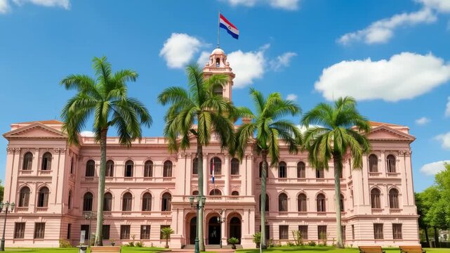 Pink Palace Paraguay Flag Palm Trees Sunny Day, 4k video footage