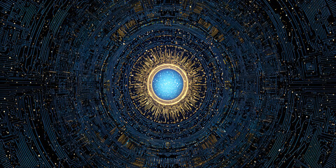 Symmetrical digital energy core with glowing blue light and golden cyber circuit rings
