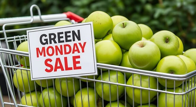Green monday sale sign in a shopping cart full of fresh green apples, promoting a special discount event - Powered by Adobe