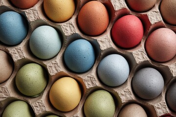 Obraz premium Colorful dyed eggs arranged in a cardboard carton, close-up shot from above