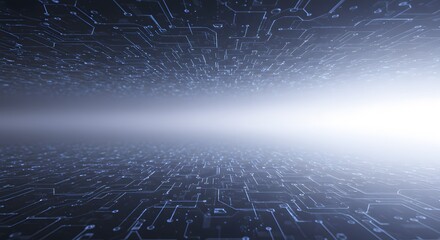 Abstract digital circuit board design with a bright light in the center, futuristic concept.