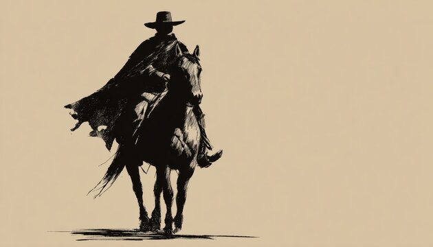 Silhouette Drawing Of A Cowboy Outlaw - A Sketch Representing A Wild West Criminal In Traditional Western Attire And Hat.