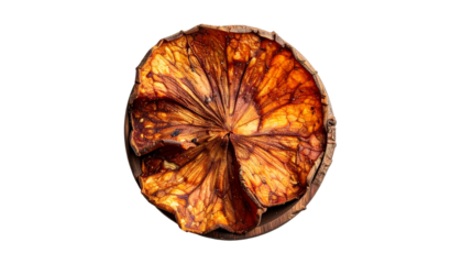 Dried, textured brown leaf arrangement on dark wood