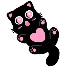 A black cat with pink paws and a pink heart on its chest