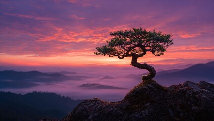 Lone bonsai tree on a rocky peak, under a beautiful sunset sky