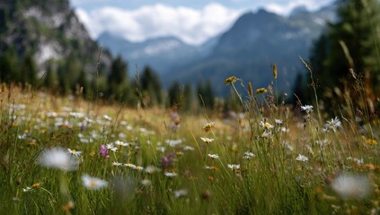 Lush meadow filled with wildflowers, with mountains in the background