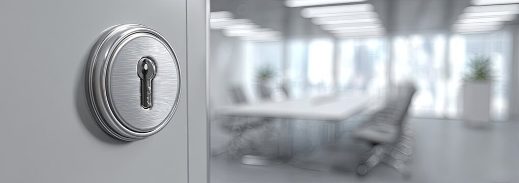 Keyhole revealing modern office with blurred conference table and chairs. Security concept