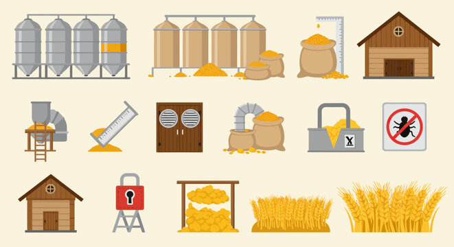 Collection of flat design icons representing grain storage measurement security and pest control