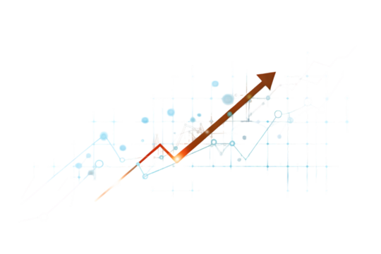 Abstract digital representation of financial market growth and upward trend with glowing lines and data points