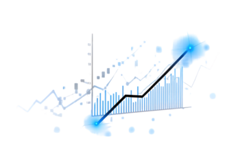 Abstract glowing blue financial stock market data charts and graphs with rising trend on black background