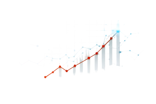 Abstract digital representation of financial market growth with upward trending bars and lines on black background