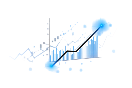Abstract glowing blue financial stock market data charts and graphs with rising trend on black background