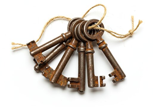 A set of old rusty keys tied with a string isolated on a white background 
