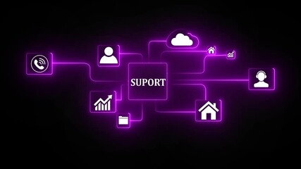 Cloud support network diagram with glowing neon icons for business growth customer service teamwork and cyber security on black background - Powered by Adobe