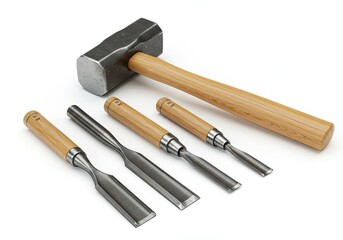 A set of sculpting chisels and a hammer with a fine art aesthetic isolated on a white background 