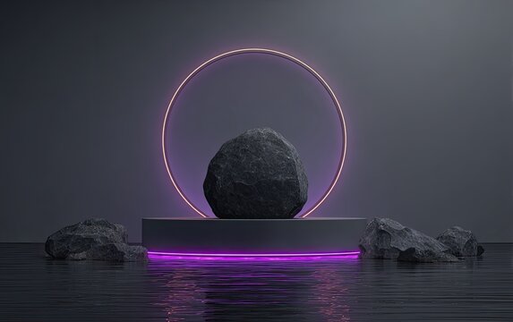 Rock on a platform with neon circle and light. Modern and futuristic scene