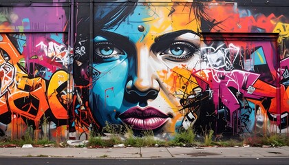 Fototapeta premium Vibrant mural of a woman's face, surrounded by graffiti