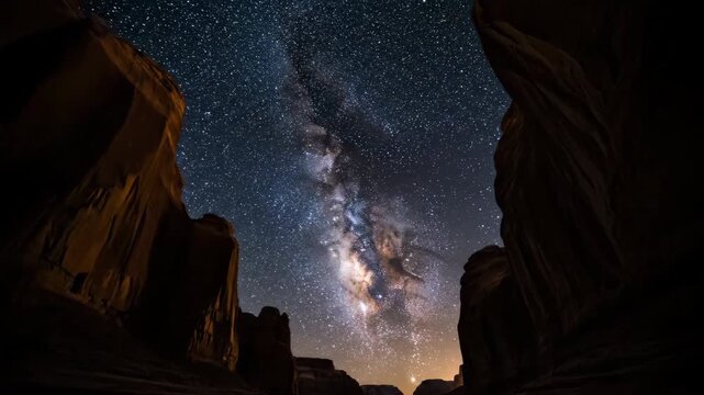 The Milky Way stretches across a narrow sliver of night sky visible between towering canyon walls no people, night sky, serene