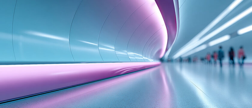 A futuristic station with a curved ceiling featuring pink and purple hues. People are walking along the platform, which is illuminated by bright lights that create a dynamic atmosphere.