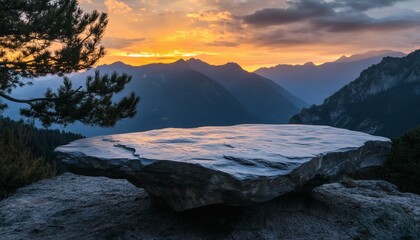 Obraz premium A large, flat rock protrudes from a cliff overlooking a valley with a vibrant sunset behind distant mountains.