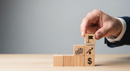 Financial Achievement, A hand places a block with an upward arrow on a tower of blocks, growth, investment, and financial success.