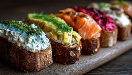 Colorful open-faced sandwiches on wood board, close-up view