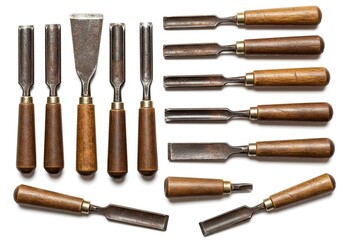 A set of wood carving tools rustic and well used isolated on a white background 