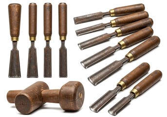 A set of wood carving tools rustic and well used isolated on a white background 